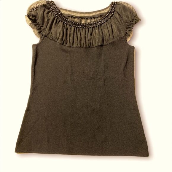 Black Beaded collar mesh semi sheer short sleeve romantic, goth blouse -Small - Picture 1 of 7